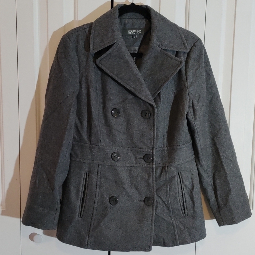 Kenneth Cole Reaction gray wool blend double breasted winter pea coat size 8